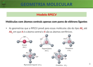 GEOMETRIA MOLECULAR
8
Modelo RPECV
Moléculas com átomos centrais apenas com pares de elétrons ligantes
• As geometrias que a RPECV prevê para essas moléculas são do tipo AX2 até
AX6, em que A é o átomo central e X são os átomos periféricos.
(BeF2)
(BeF3) (CH4)
(PCl5) (SF6)
 