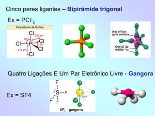 Cinco pares ligantes – Bipirâmide trigonal
Ex = PCℓ5
Quatro Ligações E Um Par Eletrônico Livre - Gangora
Ex = SF4
 