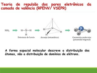 Teoria de repulsão dos pares eletrônicos da
camada de valência (RPENV/ VSEPR)
A forma espacial molecular descreve a distribuição dos
átomos, não a distribuição de domínios de elétrons.
 