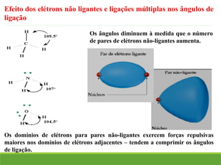 Os domínios de elétrons para pares não-ligantes exercem forças repulsivas
maiores nos domínios de elétrons adjacentes – tendem a comprimir os ângulos
de ligação.
Os ângulos diminuem à medida que o número
de pares de elétrons não-ligantes aumenta.
Efeito dos elétrons não ligantes e ligações múltiplas nos ângulos de
ligação
 