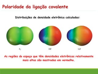 Polaridade da ligação covalente
Distribuições de densidade eletrônica calculadas:
As regiões do espaço que têm densidades eletrônicas relativamente
mais altas são mostradas em vermelho.
 