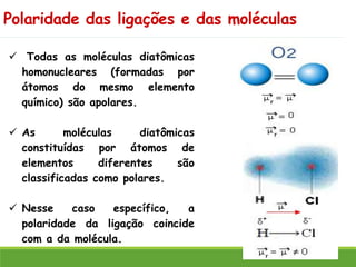 Polaridade das ligações e das moléculas
✓ Todas as moléculas diatômicas
homonucleares (formadas por
átomos do mesmo elemento
químico) são apolares.
✓ As moléculas diatômicas
constituídas por átomos de
elementos diferentes são
classificadas como polares.
✓ Nesse caso específico, a
polaridade da ligação coincide
com a da molécula.
 