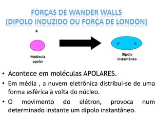• Acontece em moléculas APOLARES.
• Em média , a nuvem eletrônica distribui-se de uma
forma esférica à volta do núcleo.
• O movimento do elétron, provoca num
determinado instante um dipolo instantâneo.
A
Molécula
apolar
Dipolo
instantâneo
+ -
 