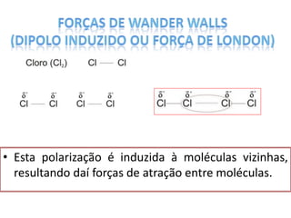 • Esta polarização é induzida à moléculas vizinhas,
resultando daí forças de atração entre moléculas.
 