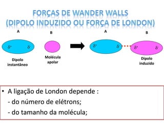 • A ligação de London depende :
- do número de elétrons;
- do tamanho da molécula;
B
Molécula
apolar
Dipolo
instantâneo
+ +
--
-
Dipolo
induzido
A A B
+
 
