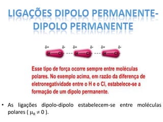 • As ligações dipolo-dipolo estabelecem-se entre moléculas
polares ( R  0 ).
 