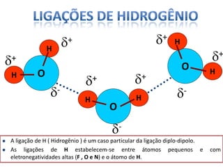 O
H
H
HH
O
O
H
H
+
-
+ +
+
+ +
-
-
 A ligação de H ( Hidrogênio ) é um caso particular da ligação diplo-dipolo.
 As ligações de H estabelecem-se entre átomos pequenos e com
eletronegatividades altas (F , O e N) e o átomo de H.
 