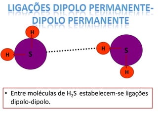 H
H
H
H
S
• Entre moléculas de H2S estabelecem-se ligações
dipolo-dipolo.
S
 