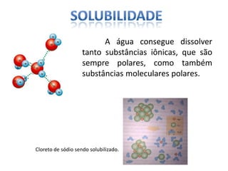 A água consegue dissolver
tanto substâncias iônicas, que são
sempre polares, como também
substâncias moleculares polares.
Cloreto de sódio sendo solubilizado.
 