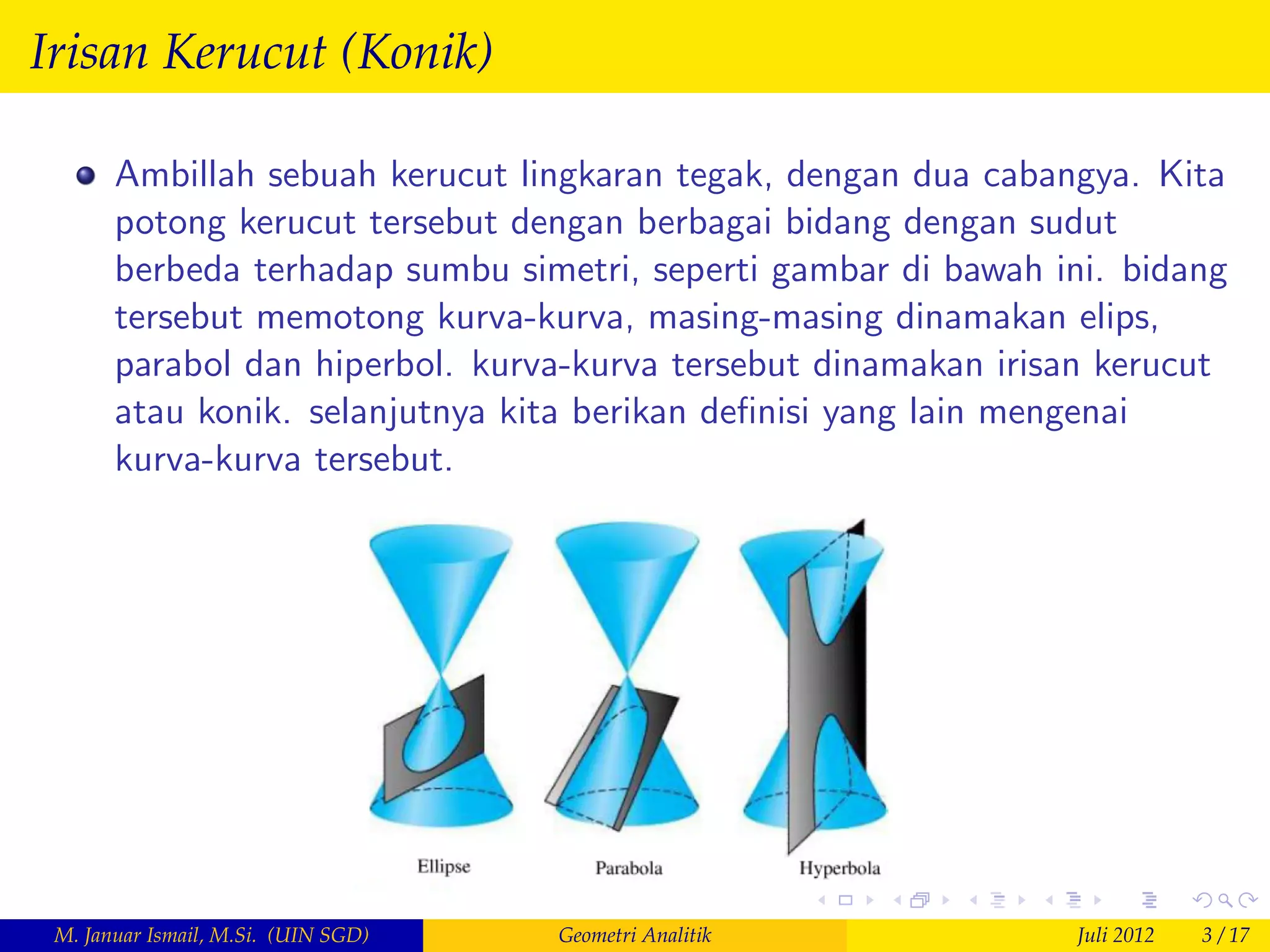 Irisan Kerucut (Konik)

       Ambillah sebuah kerucut lingkaran tegak, dengan dua cabangya. Kita
       potong kerucut tersebut dengan berbagai bidang dengan sudut
       berbeda terhadap sumbu simetri, seperti gambar di bawah ini. bidang
       tersebut memotong kurva-kurva, masing-masing dinamakan elips,
       parabol dan hiperbol. kurva-kurva tersebut dinamakan irisan kerucut
       atau konik. selanjutnya kita berikan de…nisi yang lain mengenai
       kurva-kurva tersebut.




 M. Januar Ismail, M.Si. (UIN SGD)   Geometri Analitik          Juli 2012   3 / 17
 