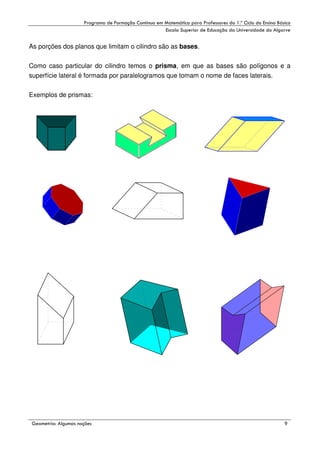 !

"

!

As porções dos planos que limitam o cilindro são as bases.
Como caso particular do cilindro temos o prisma, em que as bases são polígonos e a
superfície lateral é formada por paralelogramos que tomam o nome de faces laterais.
Exemplos de prismas:

#

$
"

%

-

 