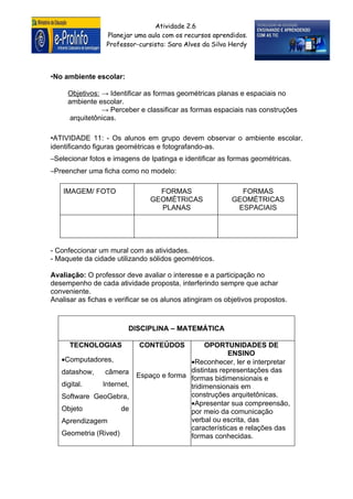 Atividade 2.6
                  Planejar uma aula com os recursos aprendidos.
                  Professor-cursista: Sara Alves da Silva Herdy



•No ambiente escolar:

     Objetivos: → Identificar as formas geométricas planas e espaciais no
     ambiente escolar.
                → Perceber e classificar as formas espaciais nas construções
      arquitetônicas.

•ATIVIDADE 11: - Os alunos em grupo devem observar o ambiente escolar,
identificando figuras geométricas e fotografando-as.
–Selecionar fotos e imagens de Ipatinga e identificar as formas geométricas.
–Preencher uma ficha como no modelo:

    IMAGEM/ FOTO                   FORMAS                    FORMAS
                                 GEOMÉTRICAS               GEOMÉTRICAS
                                   PLANAS                   ESPACIAIS




- Confeccionar um mural com as atividades.
- Maquete da cidade utilizando sólidos geométricos.

Avaliação: O professor deve avaliar o interesse e a participação no
desempenho de cada atividade proposta, interferindo sempre que achar
conveniente.
Analisar as fichas e verificar se os alunos atingiram os objetivos propostos.



                         DISCIPLINA – MATEMÁTICA

      TECNOLOGIAS            CONTEÚDOS           OPORTUNIDADES DE
                                                        ENSINO
   •Computadores,                           •Reconhecer, ler e interpretar
   datashow,     câmera                     distintas representações das
                             Espaço e forma formas bidimensionais e
   digital.      Internet,                  tridimensionais em
   Software GeoGebra,                       construções arquitetônicas.
                                            •Apresentar sua compreensão,
   Objeto              de                   por meio da comunicação
   Aprendizagem                             verbal ou escrita, das
                                            características e relações das
   Geometria (Rived)                        formas conhecidas.
 