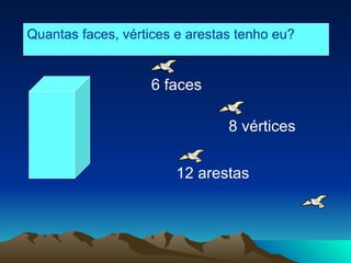 Quantas faces, vértices e arestas tenho eu? 6 faces 12 arestas 8 vértices 