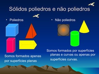 Sólidos poliedros e não poliedros
• Poliedros                 • Não poliedros




                         Somos formados por superfícies
Somos formados apenas      planas e curvas ou apenas por
por superfícies planas     superfícies curvas.
 