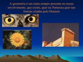 A geometria é um tema sempre presente no nosso
envolvimento, que existe, quer na Natureza quer nas
          formas criadas pelo Homem
 