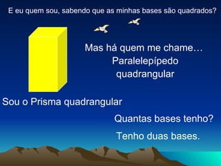 E eu quem sou, sabendo que as minhas bases são quadrados? Sou o Prisma quadrangular Mas há quem me chame… Paralelepípedo quadrangular Quantas bases tenho? Tenho duas bases. 