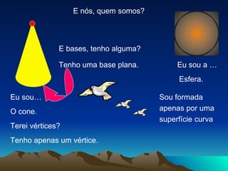 E nós, quem somos? Eu sou a … Eu sou… O cone. Terei vértices? Tenho apenas um vértice. E bases, tenho alguma? Tenho uma base plana. Esfera. Sou formada apenas por uma superfície curva 