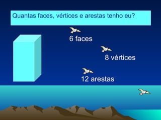 Quantas faces, vértices e arestas tenho eu?


                    6 faces

                                8 vértices


                        12 arestas
 