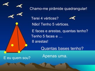 Chamo-me pirâmide quadrangular!

                 Terei 4 vértices?
                 Não! Tenho 5 vértices.
                 E faces e arestas, quantas tenho?
                 Tenho 5 faces e …
                 8 arestas!
                       Quantas bases tenho?

E eu quem sou?         Apenas uma.
 
