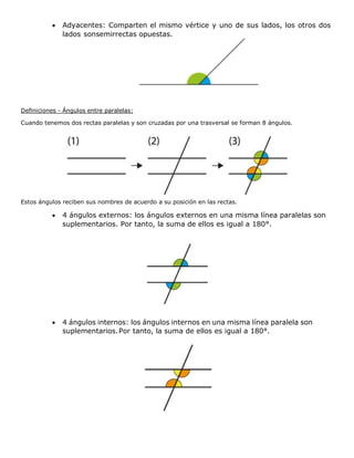  Adyacentes: Comparten el mismo vértice y uno de sus lados, los otros dos
lados sonsemirrectas opuestas.
Definiciones - Ángulos entre paralelas:
Cuando tenemos dos rectas paralelas y son cruzadas por una trasversal se forman 8 ángulos.
Estos ángulos reciben sus nombres de acuerdo a su posición en las rectas.
 4 ángulos externos: los ángulos externos en una misma línea paralelas son
suplementarios. Por tanto, la suma de ellos es igual a 180°.
 4 ángulos internos: los ángulos internos en una misma línea paralela son
suplementarios.Por tanto, la suma de ellos es igual a 180°.
 