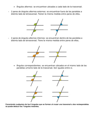  Ángulos alternos: se encuentran ubicados a cada lado de la trasversal.
- 2 pares de ángulos alternos externos: se encuentran fuera de las paralelas a
distinto lado de latrasversal. Tienen la misma medida entre pares de ellos.
- 2 pares de ángulos alternos internos: se encuentran dentro de las paralelas a
distinto lado de latrasversal. Tiene la misma medida entre pares de ellos.
 Ángulos correspondientes: se encuentran ubicados en el mismo lado de las
paralelas ymismo lado de la trasversal. Son iguales entre si.
Conociendo cualquiera de los 8 ángulos que se forman al cruzar una trasversal a dos rectasparalelas
se puede deducir los 7 ángulos restantes.
 