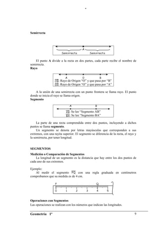 “




Semirrecta




                 .                                              .

    El punto A divide a la recta en dos partes, cada parte recibe el nombre de
semirrecta.
Rayo


                      : Rayo de Origen “O” y que pasa por “B”
                      : Rayo de Origen “O” y que pasa por “A”

    A la unión de una semirrecta con un punto frontera se llama rayo. El punto
donde se inicia el rayo se llama origen.
Segmento


                              : Se lee “Segmento AB”
                              : Se lee “Segmento BA”

     La parte de una recta comprendida entre dos puntos, incluyendo a dichos
puntos se llama segmento.
     Un segmento se denota por letras mayúsculas que corresponden a sus
extremos, con una rayita superior. El segmento se diferencia de la recta, el rayo y
la semirrecta, por tener longitud.


SEGMENTOS
Medición o Comparación de Segmentos
    La longitud de un segmento es la distancia que hay entre los dos puntos de
cada uno de sus extremos.

Ejemplo:
    Al medir el segmento          con una regla graduada en centímetros
comprobamos que su medida es de 4 cm.




Operaciones con Segmentos
Las operaciones se realizan con los números que indican las longitudes.

Geometría 1º                                                                     9
 