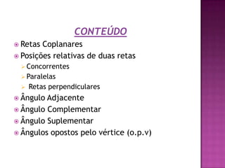 CONTEÚDORetas CoplanaresPosições relativas de duas retasConcorrentes