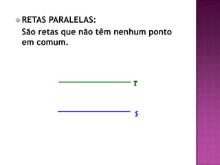 Retas coplanaresDuas ou mais retas que estão contidas no mesmo plano são chamadas retascoplanares.Posição relativas de duas retasRETAS CONCORRENTES:São retas que possuem um único ponto em comum.