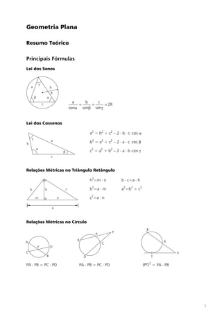 Geometria Plana

Resumo Teórico

Principais Fórmulas
Lei dos Senos


                g
    a                           b
                                R
        b                   a
                                                      a    b    c
                    c                                   =    =     = 2R
                                                    sena senb seng


Lei dos Cossenos

                                                               a2 = b2 + c2 – 2 × b × c ×cos a
    g
                                a                              b2 = a2 + c2 – 2 × a × c ×cos b
b
            a
                                            b                  c2 = a2 + b2 – 2 × a × b ×cos g
                                c



Relações Métricas no Triângulo Retângulo

                                                               h2=m × n           b × c=a × h

    b                   h                       c              b2=a × m           a2=b2 + c2

        m                               n                      c2=a × n

                                    a



Relações Métricas no Círculo
                                                                                                   B
                                                                            P
                                                                  A
                                                       B                                                     A
A                                                                     C
            P                   D
C                                                                                                                  P
                        B                                  D                                           T

PA × PB = PC × PD                                       PA × PB = PC × PD                        (PT)2 = PA × PB




                                                                                                                       1
 