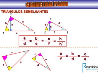 TRIÂNGULOS SEMELHANTESTRIÂNGULOS SEMELHANTES
A
C
B D E
F
cc
aa
bb dd
ee
ff
aa
dd
==
bb
ee
== cc
ff
hh
h´h´
==
h´h´
hh
cc
aa
bb
dd
ee
ff aa
ff
==
bb
dd
== cc
ee
 