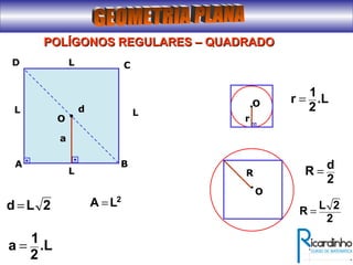POLÍGONOS REGULARES – QUADRADOPOLÍGONOS REGULARES – QUADRADO
2
LA =2Ld =
.L
2
1
a =
O
A B
a
d
L
CD
L
L
L
.L
2
1
r =
2
2L
R =
O
r
O
R
2
d
R =
 