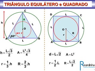 TRIÂNGULO EQUILÁTERO e QUADRADOTRIÂNGULO EQUILÁTERO e QUADRADO
O
A B
a= r
L
C
LLh
60°
4
3L
A
2
=
2
3L
h =
R
.h
3
1
r = .h
3
2
R =
2
LA =2Ld =
O
A B
r
R
L
CD
L
L
L
.L
2
1
r =
2
2L
R =
 
