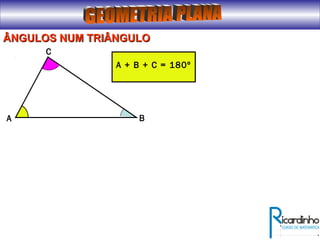 ÂNGULOS NUM TRIÂNGULOÂNGULOS NUM TRIÂNGULO
A
C
B
A + B + C = 180º
 