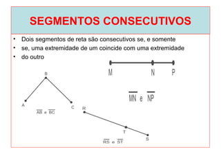 SEGMENTOS CONSECUTIVOS
• Dois segmentos de reta são consecutivos se, e somente
• se, uma extremidade de um coincide com uma extremidade
• do outro
 