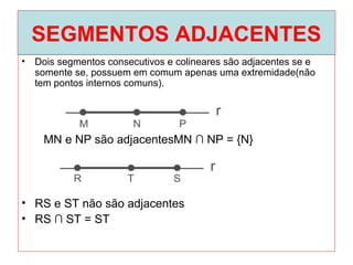 SEGMENTOS ADJACENTES
• Dois segmentos consecutivos e colineares são adjacentes se e
somente se, possuem em comum apenas uma extremidade(não
tem pontos internos comuns).
• RS e ST não são adjacentes
• RS ∩ ST = ST
MN e NP são adjacentesMN ∩ NP = {N}
 