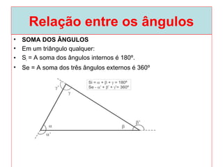 Relação entre os ângulos
• SOMA DOS ÂNGULOS
• Em um triângulo qualquer:
• Si = A soma dos ângulos internos é 180º.
• Se = A soma dos três ângulos externos é 360º
 