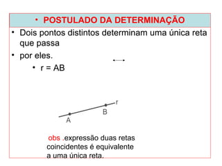 • POSTULADO DA DETERMINAÇÃO
• Dois pontos distintos determinam uma única reta
que passa
• por eles.
• r = AB
obs .expressão duas retas
coincidentes é equivalente
a uma única reta.
 