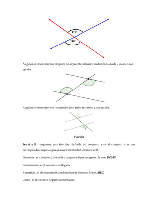 Ángulos alternos internos: Ángulos no adyacentes situados en distinto lado de la secante; son 
iguales. 
Angulos alternos externos.- están ubicados en los extremos y son iguales. 
Función 
Sea A y B conjuntos, una función definida del conjunto a en el conjunto b es una 
correspondencia que asigna a cada elemento de A un único de B. 
Dominio.- es el conjunto de salida o conjunto de pre imágenes. Se nota DOM F 
Condominio.- es el conjunto de llegada 
Recorrido.- es el conjunto de condominio y el dominio. Se nota REC 
Grafo.- es el conjunto de parejas ordenadas. 
 