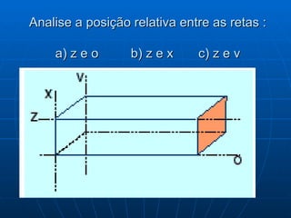Analise a posição relativa entre as retas : a) z e o  b) z e x  c) z e v 