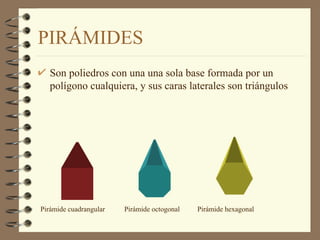PIRÁMIDES Son poliedros con una una sola base formada por un polígono cualquiera, y sus caras laterales son triángulos Pirámide cuadrangular  Pirámide octogonal  Pirámide hexagonal 