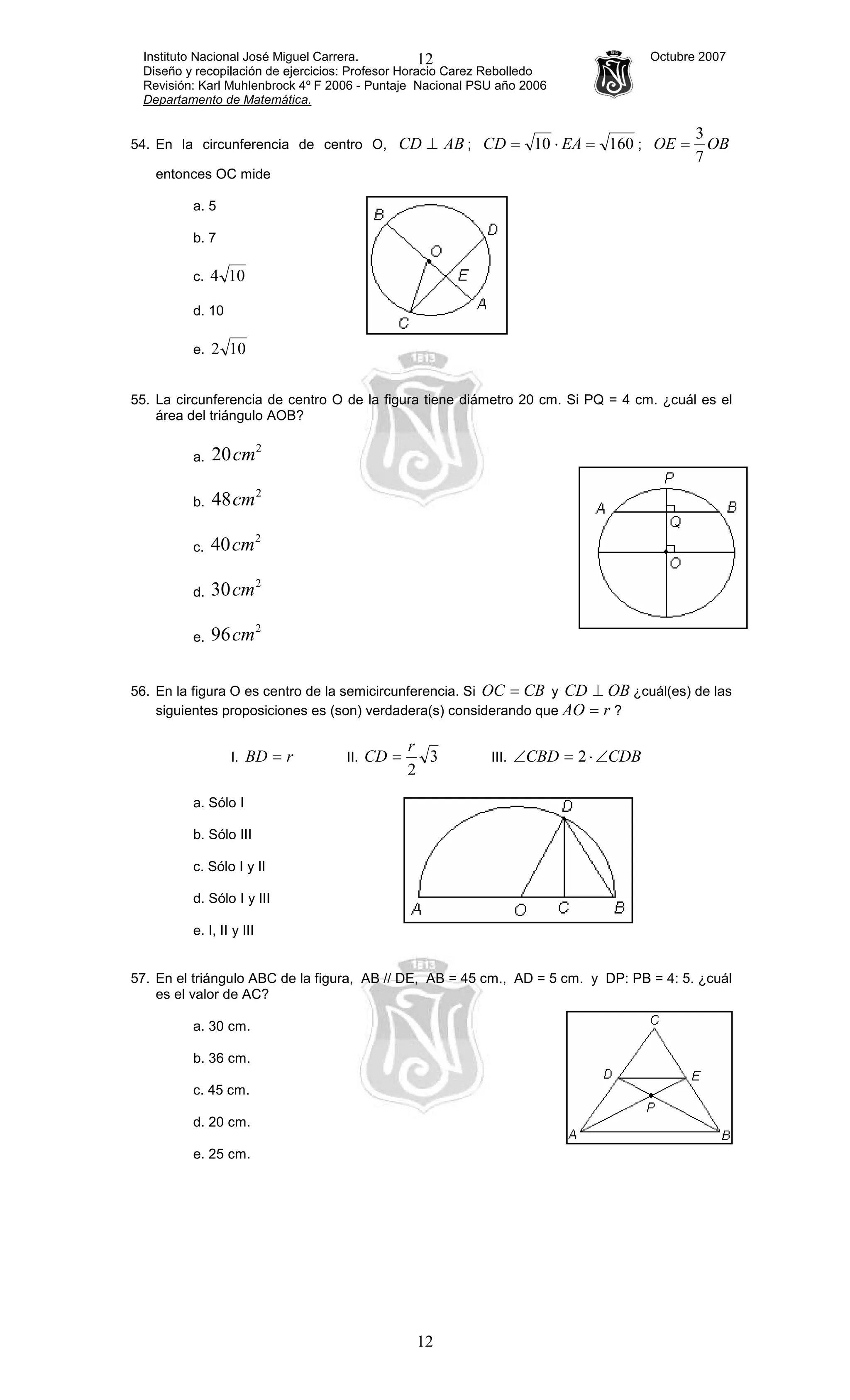 Instituto Nacional José Miguel Carrera. Octubre 2007
Diseño y recopilación de ejercicios: Profesor Horacio Carez Rebolledo
Revisión: Karl Muhlenbrock 4º F 2006 - Puntaje Nacional PSU año 2006
Departamento de Matemática.
12
12
54. En la circunferencia de centro O, ABCD ⊥ ; 16010 =⋅= EACD ; OBOE
7
3
=
entonces OC mide
a. 5
b. 7
c. 104
d. 10
e. 102
55. La circunferencia de centro O de la figura tiene diámetro 20 cm. Si PQ = 4 cm. ¿cuál es el
área del triángulo AOB?
a.
2
20cm
b.
2
48cm
c.
2
40cm
d.
2
30cm
e.
2
96cm
56. En la figura O es centro de la semicircunferencia. Si CBOC = y OBCD ⊥ ¿cuál(es) de las
siguientes proposiciones es (son) verdadera(s) considerando que rAO = ?
I. rBD = II. 3
2
r
CD = III. CDBCBD ∠⋅=∠ 2
a. Sólo I
b. Sólo III
c. Sólo I y II
d. Sólo I y III
e. I, II y III
57. En el triángulo ABC de la figura, AB // DE, AB = 45 cm., AD = 5 cm. y DP: PB = 4: 5. ¿cuál
es el valor de AC?
a. 30 cm.
b. 36 cm.
c. 45 cm.
d. 20 cm.
e. 25 cm.
 