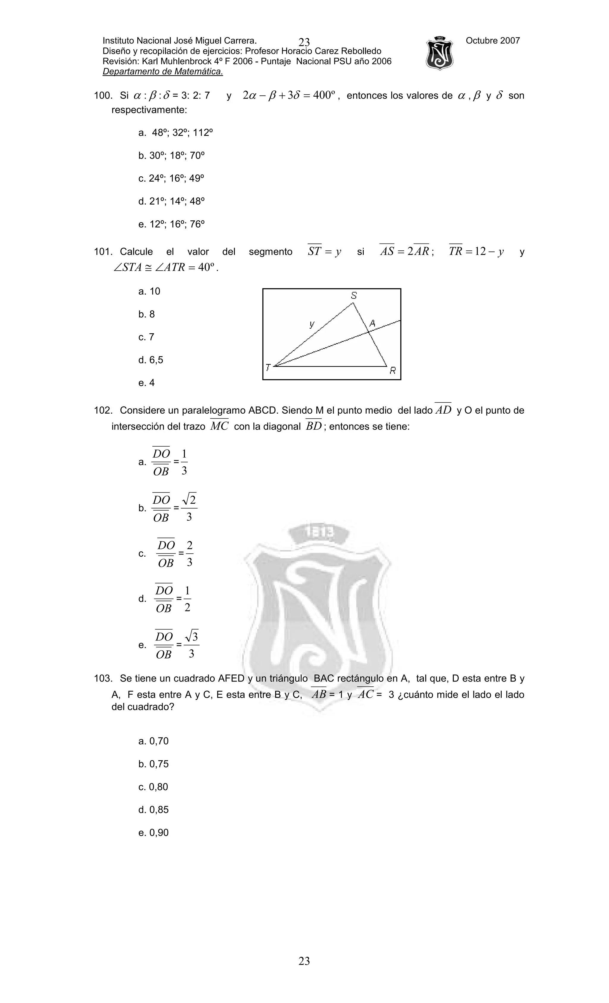 Instituto Nacional José Miguel Carrera. Octubre 2007
Diseño y recopilación de ejercicios: Profesor Horacio Carez Rebolledo
Revisión: Karl Muhlenbrock 4º F 2006 - Puntaje Nacional PSU año 2006
Departamento de Matemática.
23
23
100. Si α : β :δ = 3: 2: 7 y º40032 =+− δβα , entonces los valores de α , β y δ son
respectivamente:
a. 48º; 32º; 112º
b. 30º; 18º; 70º
c. 24º; 16º; 49º
d. 21º; 14º; 48º
e. 12º; 16º; 76º
101. Calcule el valor del segmento yST = si ARAS 2= ; yTR −= 12 y
º40=∠≅∠ ATRSTA .
a. 10
b. 8
c. 7
d. 6,5
e. 4
102. Considere un paralelogramo ABCD. Siendo M el punto medio del lado AD y O el punto de
intersección del trazo MC con la diagonal BD ; entonces se tiene:
a.
OB
DO
=
3
1
b.
OB
DO
=
3
2
c.
OB
DO
=
3
2
d.
OB
DO
=
2
1
e.
OB
DO
=
3
3
103. Se tiene un cuadrado AFED y un triángulo BAC rectángulo en A, tal que, D esta entre B y
A, F esta entre A y C, E esta entre B y C, AB = 1 y AC = 3 ¿cuánto mide el lado el lado
del cuadrado?
a. 0,70
b. 0,75
c. 0,80
d. 0,85
e. 0,90
 
