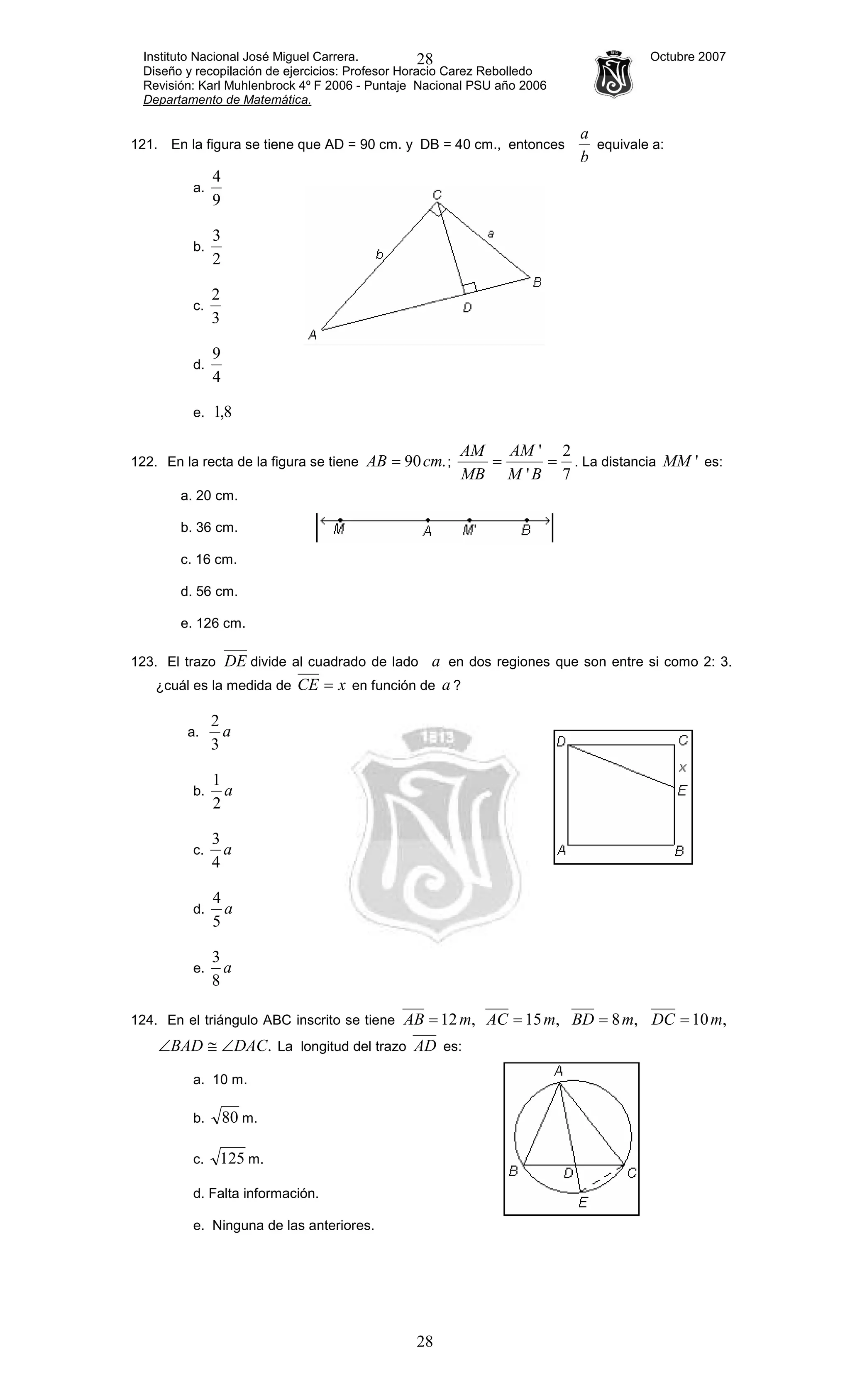 Instituto Nacional José Miguel Carrera. Octubre 2007
Diseño y recopilación de ejercicios: Profesor Horacio Carez Rebolledo
Revisión: Karl Muhlenbrock 4º F 2006 - Puntaje Nacional PSU año 2006
Departamento de Matemática.
28
28
121. En la figura se tiene que AD = 90 cm. y DB = 40 cm., entonces
b
a
equivale a:
a.
9
4
b.
2
3
c.
3
2
d.
4
9
e. 8,1
122. En la recta de la figura se tiene .90cmAB = ;
7
2
'
'
==
BM
AM
MB
AM
. La distancia 'MM es:
a. 20 cm.
b. 36 cm.
c. 16 cm.
d. 56 cm.
e. 126 cm.
123. El trazo DE divide al cuadrado de lado a en dos regiones que son entre si como 2: 3.
¿cuál es la medida de xCE = en función de a ?
a. a
3
2
b. a
2
1
c. a
4
3
d. a
5
4
e. a
8
3
124. En el triángulo ABC inscrito se tiene ,12mAB = ,15mAC = ,8mBD = ,10mDC =
.DACBAD ∠≅∠ La longitud del trazo AD es:
a. 10 m.
b. 80 m.
c. 125 m.
d. Falta información.
e. Ninguna de las anteriores.
 