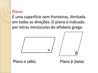 Plano:
É uma superfície sem fronteiras, ilimitada
em todas as direções. O plano é indicado
por letras minúsculas do alfabeto grego.
α
Plano α (alfa)
β
Plano β (beta)
 