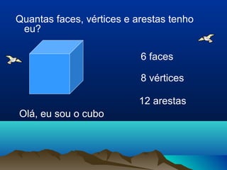 Quantas faces, vértices e arestas tenho
 eu?

                           6 faces

                           8 vértices

                           12 arestas
Olá, eu sou o cubo
 