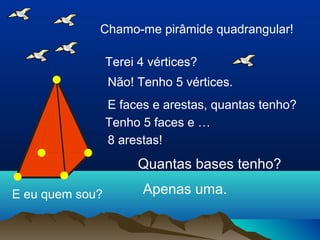 Chamo-me pirâmide quadrangular!

                 Terei 4 vértices?
                 Não! Tenho 5 vértices.
                 E faces e arestas, quantas tenho?
                 Tenho 5 faces e …
                 8 arestas!
                       Quantas bases tenho?

E eu quem sou?         Apenas uma.
 