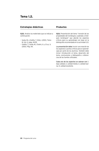 20 Programa del curso
Tema 1.2.
Estrategias didácticas
1.2.1. Analice los materiales que se indican a
continuación:
-	 Isoda, M. y Cedillo, T. (Eds.). (2012). Tomo
III, Vol. 2, págs. 18-29.
-	 Cedillo, T., Isoda, M., Chalini, A. y Cruz, V.
(2012). Pág. 44.
Productos
1.2.1. Presentación del tema “revisión de las
propiedades del rectángulo, cuadrado y trián-
gulo rectángulo” que aborde los aspectos
críticos para su aprendizaje con base en la
bibliografía recomendada en la actividad 1.2.1.
La presentación debe: incluir una relación de
los aspectos o puntos críticos para el aprendi-
zaje por parte de los alumnos. También debe
incluir introducción al tema, desarrollo del
tema, conclusiones y bibliografía o referen-
cias de las fuentes utilizadas.
Cada uno de los aspectos se valoran con: 1,
baja calidad; 2, calidad media; 3, calidad bue-
na; 4, calidad excelente.
 