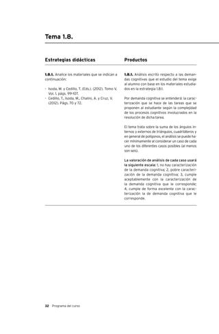 32 Programa del curso
Tema 1.8.
Estrategias didácticas
1.8.1. Analice los materiales que se indican a
continuación:
-	 Isoda, M. y Cedillo, T. (Eds.). (2012). Tomo V,
Vol. 1, págs. 99-107.
-	 Cedillo, T., Isoda, M., Chalini, A. y Cruz, V.
(2012). Págs. 70 y 72.
Productos
1.8.1. Análisis escrito respecto a las deman-
das cognitivas que el estudio del tema exige
al alumno con base en los materiales estudia-
dos en la estrategia 1.8.1.
Por demanda cognitiva se entenderá: la carac-
terización que se hace de las tareas que se
proponen al estudiante según la complejidad
de los procesos cognitivos involucrados en la
resolución de dicha tarea.
El tema trata sobre la suma de los ángulos in-
ternos y externos de triángulos, cuadriláteros y
en general de polígonos, el análisis se puede ha-
cer mínimamente al considerar un caso de cada
uno de los diferentes casos posibles (al menos
son seis).
La valoración de análisis de cada caso usará
la siguiente escala: 1, no hay caracterización
de la demanda cognitiva; 2, pobre caracteri-
zación de la demanda cognitiva; 3, cumple
aceptablemente con la caracterización de
la demanda cognitiva que le corresponde;
4, cumple de forma excelente con la carac-
terización la de demanda cognitiva que le
corresponde.
 