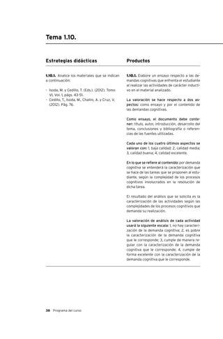 38 Programa del curso
Tema 1.10.
Estrategias didácticas
1.10.1. Analice los materiales que se indican
a continuación:
-	 Isoda, M. y Cedillo, T. (Eds.). (2012). Tomo
VI, Vol. 1, págs. 43-51.
-	 Cedillo, T., Isoda, M., Chalini, A. y Cruz, V.
(2012). Pág. 76.
Productos
1.10.1. Elabore un ensayo respecto a las de-
mandas cognitivas que enfrenta el estudiante
al realizar las actividades de carácter inducti-
vo en el material analizado.
La valoración se hace respecto a dos as-
pectos: como ensayo y por el contenido de
las demandas cognitivas.
Como ensayo, el documento debe conte-
ner: título, autor, introducción, desarrollo del
tema, conclusiones y bibliografía o referen-
cias de las fuentes utilizadas.
Cada uno de los cuatro últimos aspectos se
valoran con: 1, baja calidad; 2, calidad media;
3, calidad buena; 4, calidad excelente.
En lo que se refiere al contenido: por demanda
cognitiva se entenderá la caracterización que
se hace de las tareas que se proponen al estu-
diante, según la complejidad de los procesos
cognitivos involucrados en la resolución de
dicha tarea.
El resultado del análisis que se solicita es la
caracterización de las actividades según las
complejidades de los procesos cognitivos que
demanda su realización.
La valoración de análisis de cada actividad
usará la siguiente escala: 1, no hay caracteri-
zación de la demanda cognitiva; 2, es pobre
la caracterización de la demanda cognitiva
que le corresponde; 3, cumple de manera re-
gular con la caracterización de la demanda
cognitiva que le corresponde; 4, cumple de
forma excelente con la caracterización de la
demanda cognitiva que le corresponde.
 