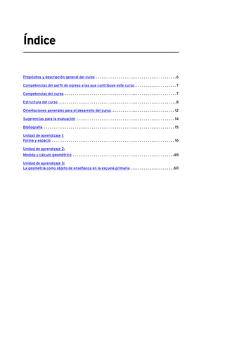 Propósitos y descripción general del curso. .  .  .  .  .  .  .  .  .  .  .  .  .  .  .  .  .  .  .  .  .  .  .  .  .  .  .  .  .  .  .  .  .  .  .  .  .  .  .  .  . 6
Competencias del perfil de egreso a las que contribuye este curso. .  .  .  .  .  .  .  .  .  .  .  .  .  .  .  .  .  .  .  .  . 7
Competencias del curso. .  .  .  .  .  .  .  .  .  .  .  .  .  .  .  .  .  .  .  .  .  .  .  .  .  .  .  .  .  .  .  .  .  .  .  .  .  .  .  .  .  .  .  .  .  .  .  .  .  .  .  .  .  .  .  .  .  . 7
Estructura del curso. .  .  .  .  .  .  .  .  .  .  .  .  .  .  .  .  .  .  .  .  .  .  .  .  .  .  .  .  .  .  .  .  .  .  .  .  .  .  .  .  .  .  .  .  .  .  .  .  .  .  .  .  .  .  .  .  .  .  .  .  . 8
Orientaciones generales para el desarrollo del curso. .  .  .  .  .  .  .  .  .  .  .  .  .  .  .  .  .  .  .  .  .  .  .  .  .  .  .  .  .  .  .  .  . 12
Sugerencias para la evaluación . .  .  .  .  .  .  .  .  .  .  .  .  .  .  .  .  .  .  .  .  .  .  .  .  .  .  .  .  .  .  .  .  .  .  .  .  .  .  .  .  .  .  .  .  .  .  .  .  .  .  . 14
Bibliografía . .  .  .  .  .  .  .  .  .  .  .  .  .  .  .  .  .  .  .  .  .  .  .  .  .  .  .  .  .  .  .  .  .  .  .  .  .  .  .  .  .  .  .  .  .  .  .  .  .  .  .  .  .  .  .  .  .  .  .  .  .  .  .  .  .  .  .  . 15
Unidad de aprendizaje 1:
Forma y espacio. .  .  .  .  .  .  .  .  .  .  .  .  .  .  .  .  .  .  .  .  .  .  .  .  .  .  .  .  .  .  .  .  .  .  .  .  .  .  .  .  .  .  .  .  .  .  .  .  .  .  .  .  .  .  .  .  .  .  .  .  .  .  .  . 16
Unidad de aprendizaje 2:
Medida y cálculo geométrico. .  .  .  .  .  .  .  .  .  .  .  .  .  .  .  .  .  .  .  .  .  .  .  .  .  .  .  .  .  .  .  .  .  .  .  .  .  .  .  .  .  .  .  .  .  .  .  .  .  .  .  . 48
Unidad de aprendizaje 3:
La geometría como objeto de enseñanza en la escuela primaria. .  .  .  .  .  .  .  .  .  .  .  .  .  .  .  .  .  .  .  .  .  . 60
Índice
 